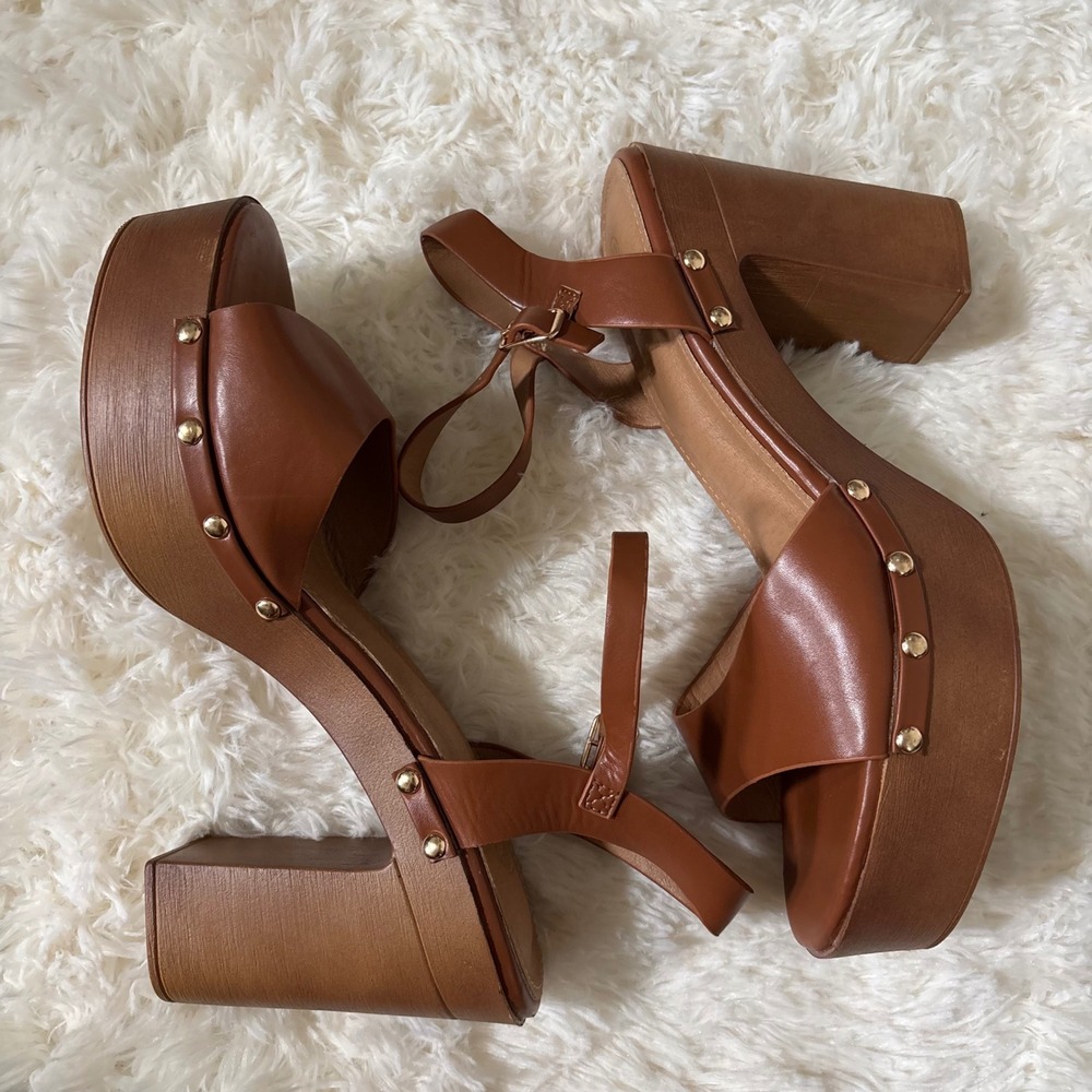 Shein Brown Studded Platform Block Heel Sandals Cognac Wood Look Size 11